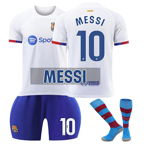 Barcelona borte hvit drakt nr. 9 Lewandowski, nr. 8 Pedri, nr. 21 De Jong, nr. 6 Garvey fotballdraktsett 23-24 NO.10 MESSI L