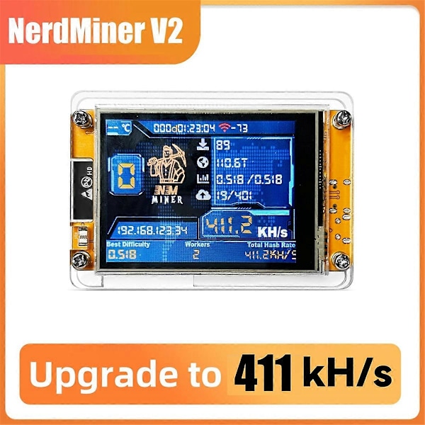 NMMiner NerdMiner V2 411KH/S Hashrate ESP32 2.8 Tommers Smart Display BTC Solo Lotteri Miner Bitcoin Krypto Lotteri Miner