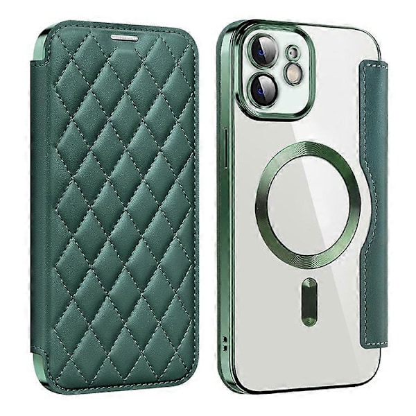 Kompatibel med iPhone 12 6.1 tommer Kortholder Læder Telefon Cover Kompatibel med MagSafe Indbygget Linse Film RFID Beskyttelse DarkGreen