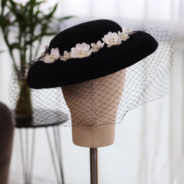 Fløjlshat Kvinder Tilbehør Forlovelse Hårtilbehør Brudehovedbeklædning Bryllupshovedbeklædning Sort hat med slør M005