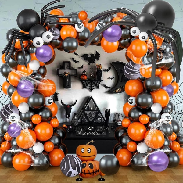 Halloween Ilmapallokaari-setti 177 osaa Halloween-hämähäkinverkolla, mustilla oransseilla harmailla ilmapalloilla ja hämähäkkipalloilla Halloween-juhlapäivän koristeisiin