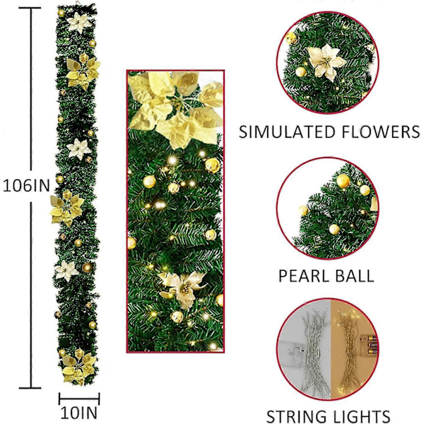 Julkrans med LED-lampor, 2,7 m (9 fot) Konstgjord Vin Julkrans Dörrkrans Hängande Girlang, (Guld)