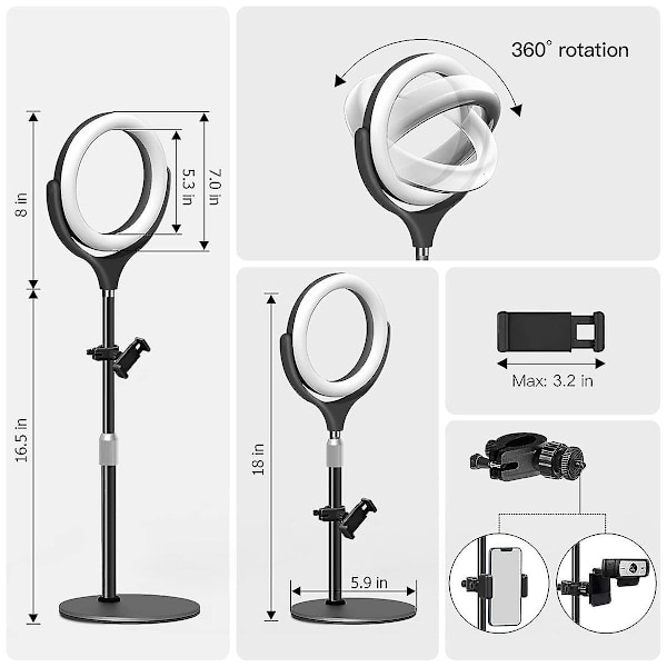 Laptop Ring Light med Stativ, Mobiltelefon LED Ring Light Skrivebordslampe Videokonference Li