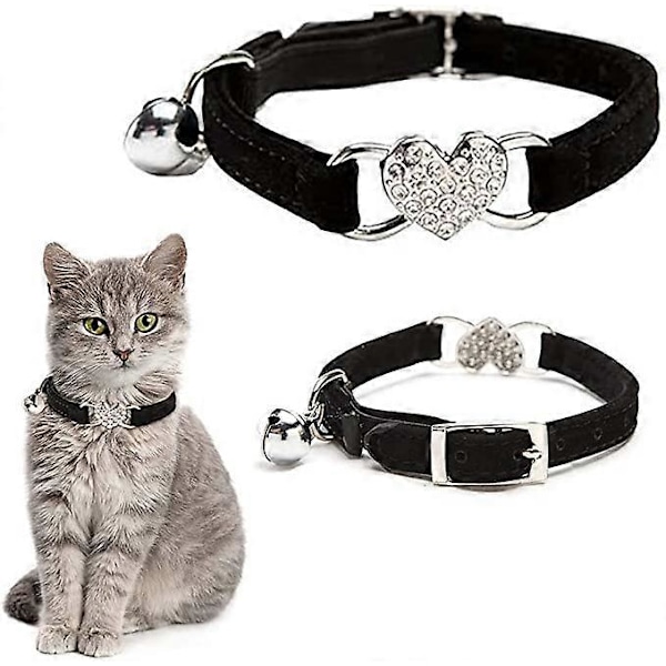 2-delat kärleksflockat färgat diamantklockhalsband för katt (svart och rosa), sött litet katthalsband, katthalsband med klocka och resårband