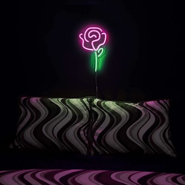 Isaac Jacobs 13\" x 8.66\" tommer LED Neon Pink Rose Blomst med Grøn Stilk Vægskilt Til Cool Lys, Vægkunst, Ferie Dekoration: Drevet af USB-ledning (ROSE)