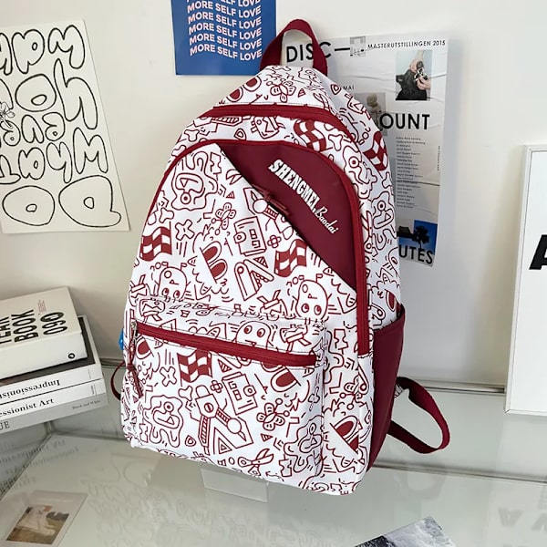 Moteriktig Jentete Graffiti Design Ryggsekk Ungdomsskole College Skoleveske Laptop Ryggsekk Dame Herre Reiseveske Red
