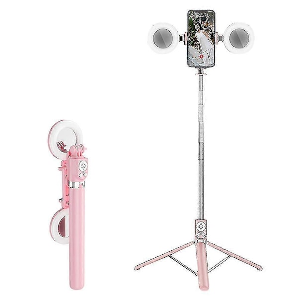 R17ds 1.75m Kannettava Bluetooth-selfie-keppi Teleskooppinen Tripod-puhelinteline Kaksoisvalolla 360 asteen kiertävä Valokuvaus Live-lähetyslaite