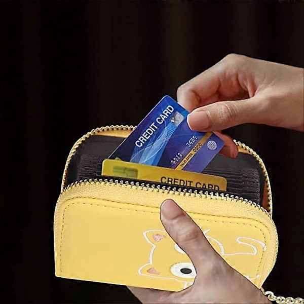 Kreditkortsfodral (gul) 11,5 * 8 * 3 cm läder kreditkortshållare för damer söt katt dragkedja korthållare plånbok liten RFID-korthållare läder dragspelsmodell