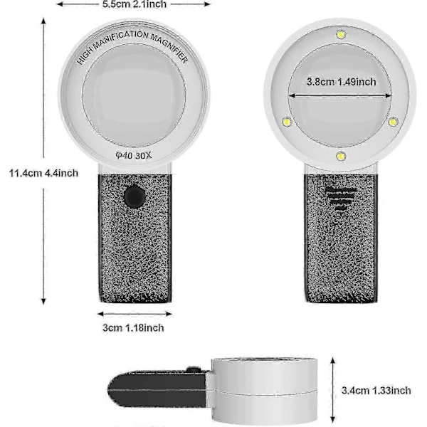 30x Forstørrelsesglass med 3 LED-lys og UV-lys, ripebestandige linser, høy klarhet, håndholdt smykke-forstørrelsesglass for diamanter, juvelerer, mynter