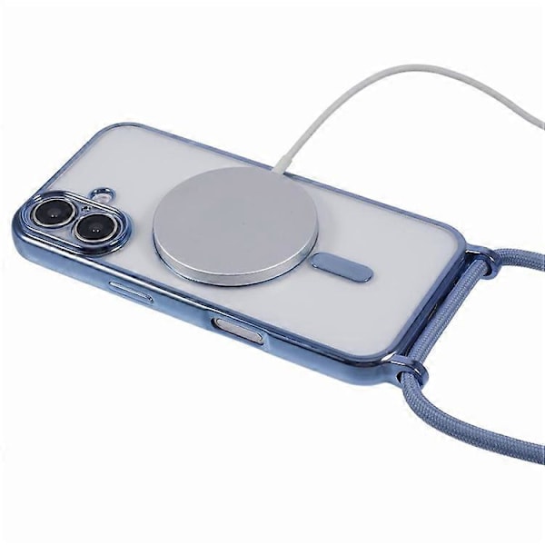 Kompatibelt skal för iPhone 16, kompatibelt med MagSafe, elektropläterad TPU-mobilskydd med långt snöre Blue