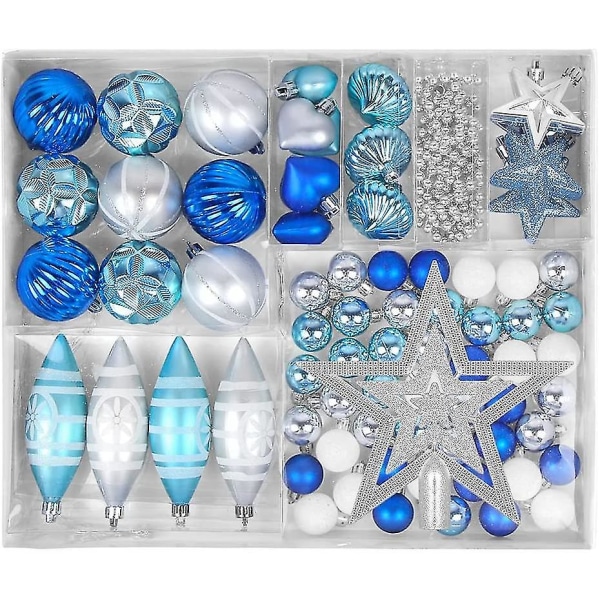 Siniset/hopeaiset joulupallot, joulukuusikoristeet 73 kpl, muoviset koristepallot, joulukoristeet