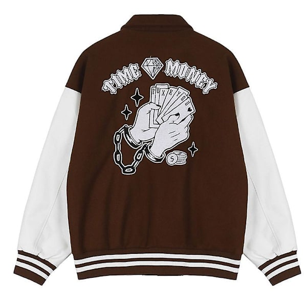 Baseball Jersey Læderærmer Brun Bomberjakke Varsity Frakke Broderede Bogstaver XL