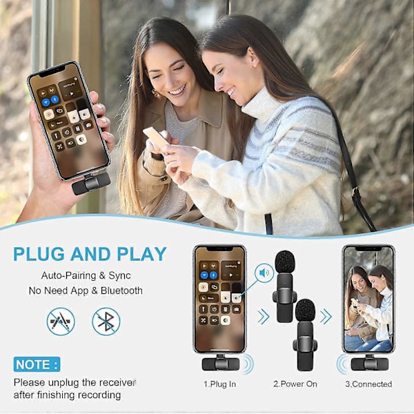 Trådløs Lavalier Mikrofon til iPhone iPad, Plug and Play Mikrofon med 2 Mikrofoner til Videooptagelse, Vlog, TikTok, Youtube, Auto Connect og Smart