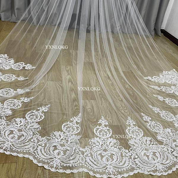 Ylellinen pitsinen yksikerroksinen katedraalihuntu tyllihuntu morsiuspukuun norsunluunvalkoinen huntu mittatilaustyönä off white 500cm