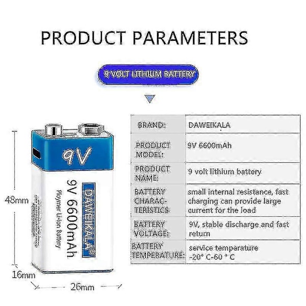 9V 6600mAh Li-ion Uppladdningsbart Batteri Typ-c USB Batterier 9V Litium För Multimeter Mikrofon Leksak Fjärrkontroll Ktv