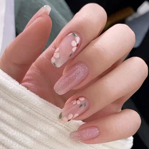 Pink Press On Negle Akryl Firkantet Kiste Falske Negle Glossy Bling Kunstige Negle Medium Længde Blomst Kunstige Fuld Dækning Negle Tips Til Kvinder Og Piger