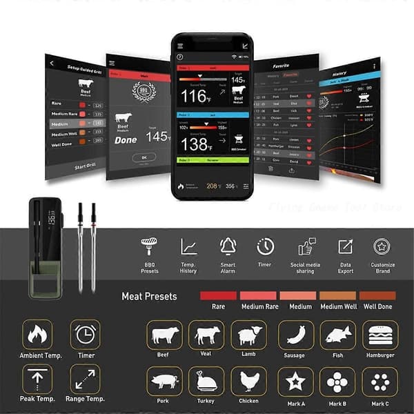 Trådlös Mat Kötttermometer Smart Digital Bluetooth BBQ Termometer för Kök Matlagning Ugn Gri