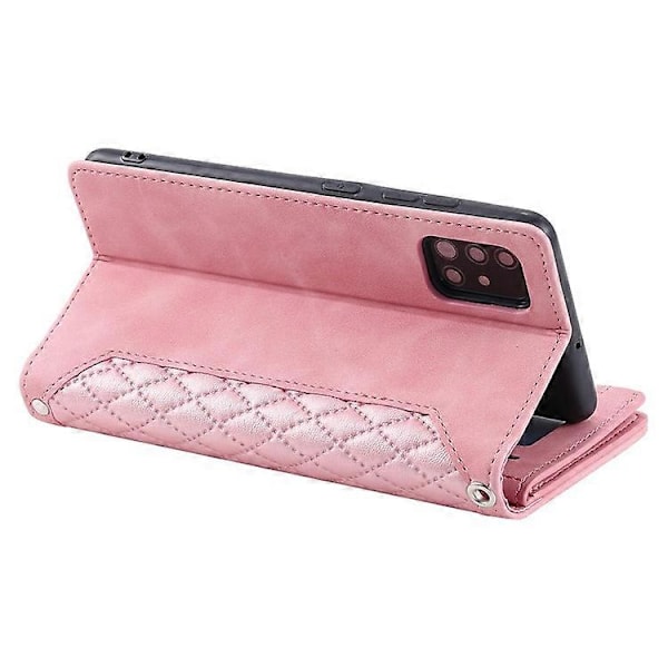 005 Tyyli Yhteensopiva Samsung Galaxy A51 4G SM-A515:lle, Ruutukuvioinen Lompakkomallinen PU-nahkainen Puhelinkotelo Vetoketjutaskulla ja Jalustalla Pink