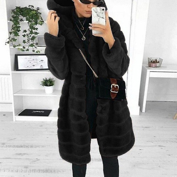 Naisten tekoturkis talvi casual takki pitkähihainen fleecetakki L Black