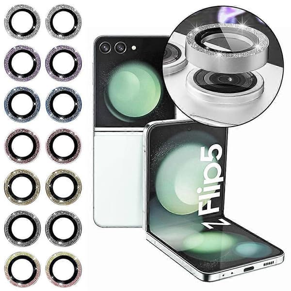 *til Galaxy Z Flip5 Glitter Metal Glas Kamera Linse Hætte Beskyttelse H4O7 silver