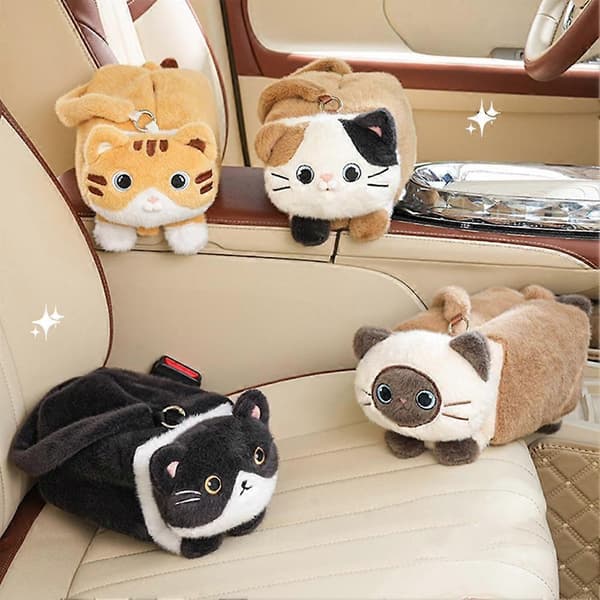 Cute Car Tissue Holder Plush Kitten Paper Box with Headrest Hook A