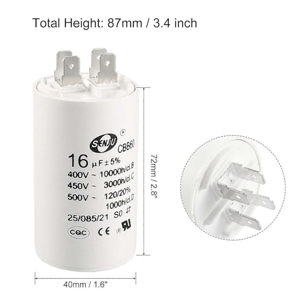 CBB60 Driftskondensator 16uF 450V AC Dobbelt Indsats 50/60Hz Cylinder 72x40mm Hvid til Luftkompressor Vandpumpe Motor