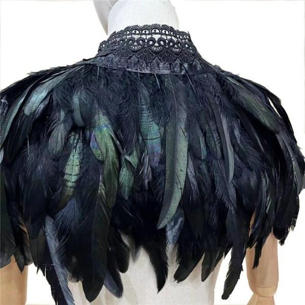 Vuxen svart gotisk viktoriansk scarf Poncho Wrap Naturlig fjäder Choker Krage Cape Sjal Stole Halloween Cosplay kostym black