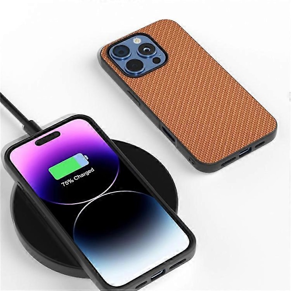 ABEEL Kompatibelt Skal för iPhone 16 Pro Max Läder+PC+TPU Telefonskal Kolfibertextur LightBrown