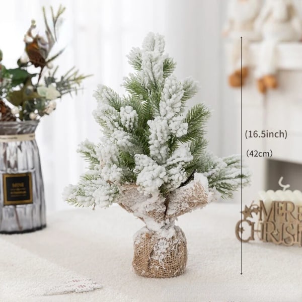 Esivalaistu keinotekoinen mini-joulukuusi, lunta parvettu mänty, työpöydän joulupuu LED-valoilla säkkikangasjalusta juhlien kodin sisustamiseen 42cm With LED Lights