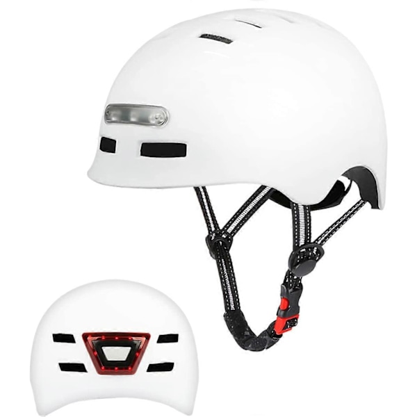 Cykelhjälm med LED-lampa, elscooterhjälm vit (58-61cm)
