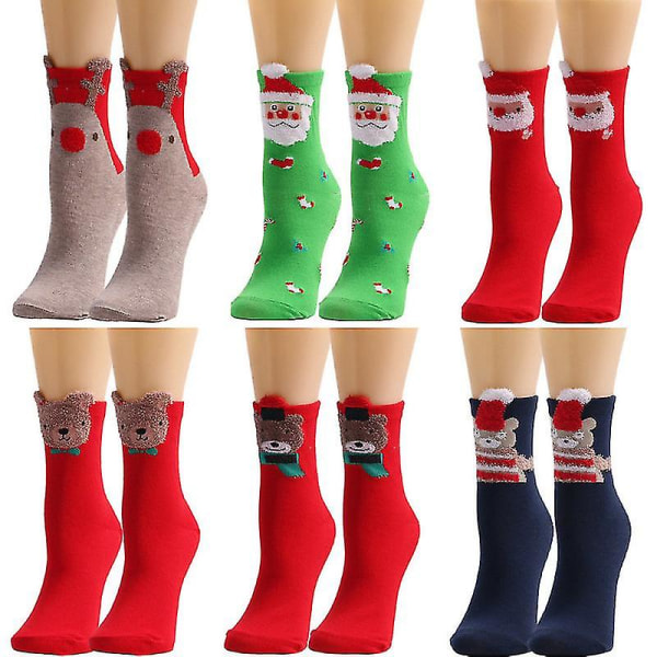 3/6 Par Fluffiga Björnsockor Dam Jultomte Bomullsstrumpor 6 Pairs
