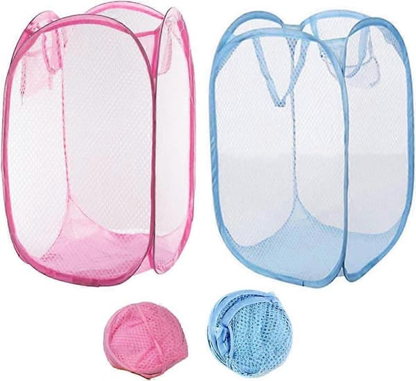 2-pack hopfällbara tvättkorgar i mesh för sovrum, barnrum, studentrum och resor