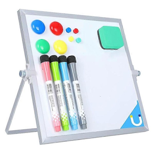 Whiteboard, 25x25 cm, dobbeltsidig magnetisk tavle, 4 tusjer, 8 magneter og 1 viskelær, bærbar