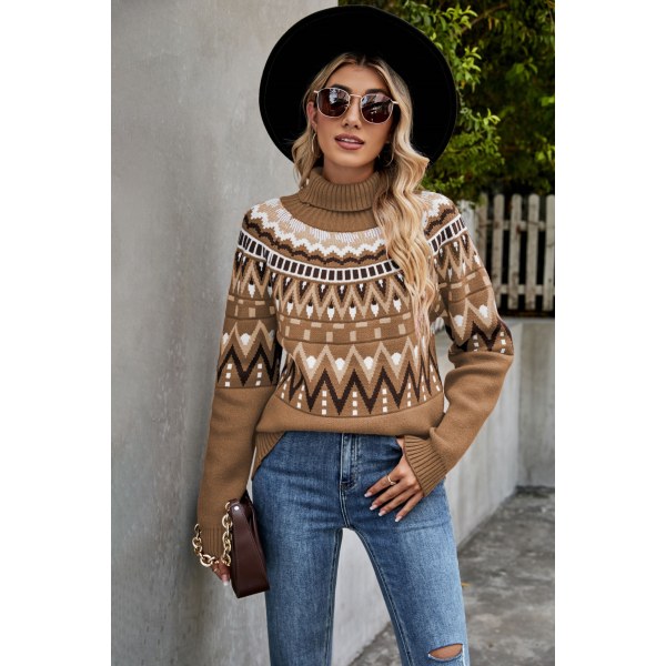 2023 vinter ny Amazon cross-border damebeklædning retro stribet syning kontrast sweater turtleneck løs sweater Khaki XL