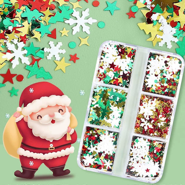 6 ruter med jule negl glitter paljetter, vinter neglekunst klistremerker dekorative holografiske laser snøfnugg glitter negl chips (to esker)