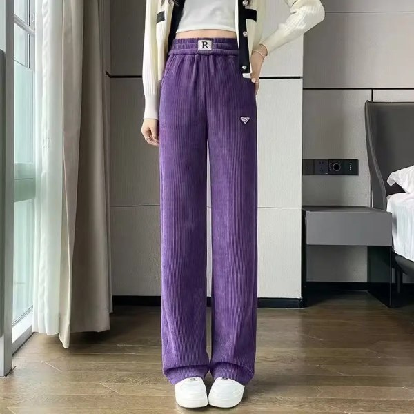 Dame Ensfarvet Elastisk Talje Brev Bukser Efterår og Vinter Høj Talje Lomme Lige Afslappet Pendler Bred Ben Bukser Purple thick XXXS
