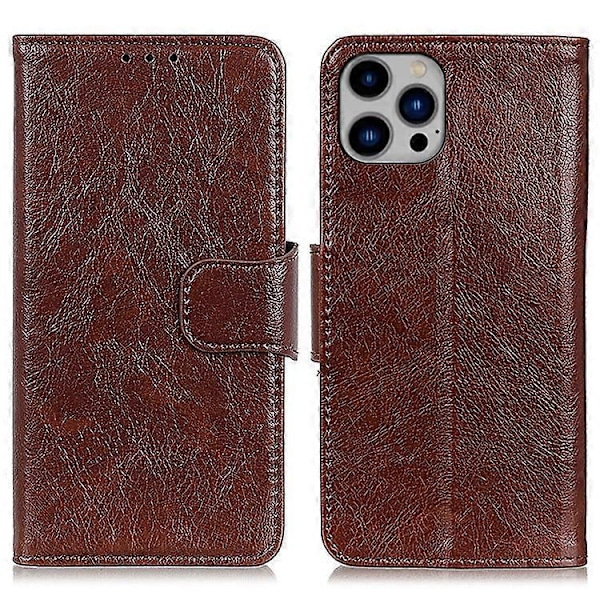 Kompatibelt För iPhone 15 Pro Delat Läder Telefonfodral Nappa Textur Stötsäkert Skal med Ställ Plånbok Brown