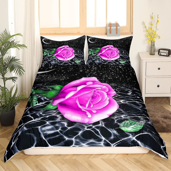 Blå Ros Kung Queen Sängkläder Set Romantiskt Blommigt Påslakan Abstrakt Vatten Krusningar Blomma Täcke Överdrag Polyester Quilt Överdrag