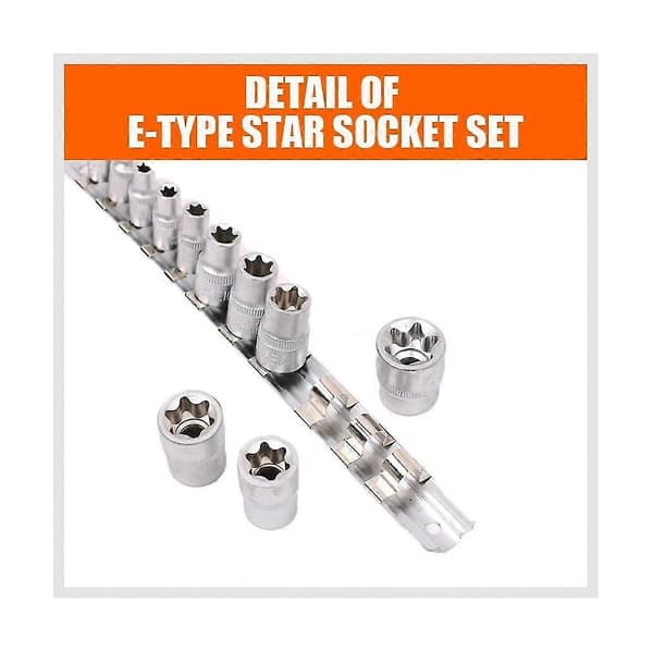 E-torx stjerne pipe sett for hunner med skinne 11 stk. E-torx stjerne pipe sett for hunner E4 - E20 moment pipe