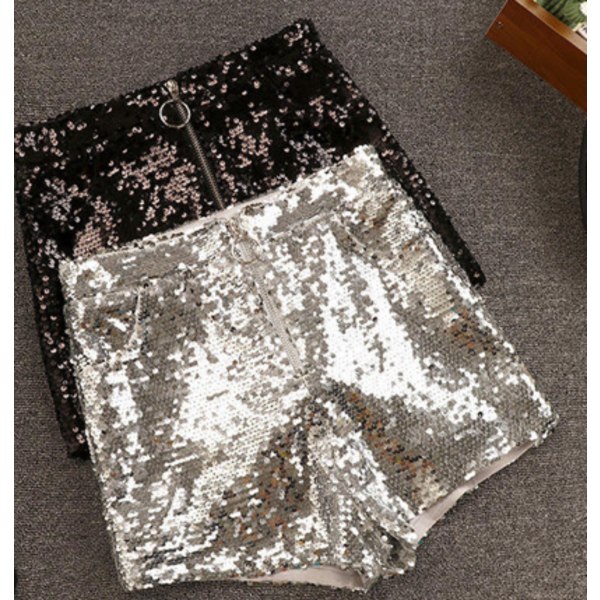 Sexiga paljettshorts för kvinnor sommar hög midja dragkedja leggings smala party festival karneval pole dance shorts Silver L