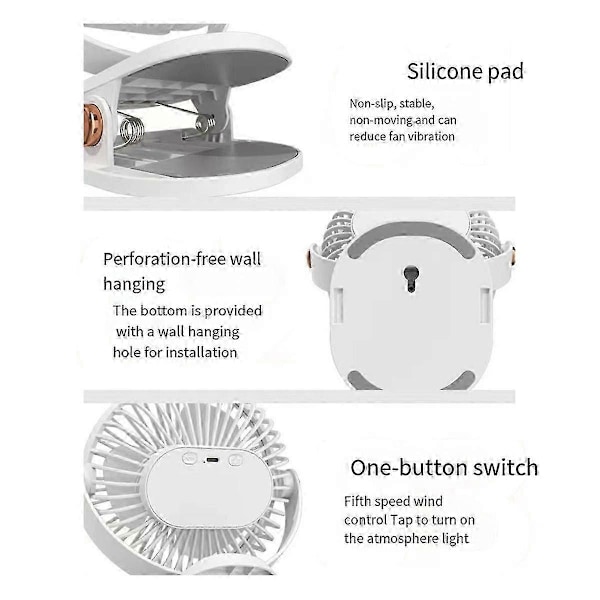 Ladattava pöytätuuletin klipsillä, 1200 mAh akku, USB-virtalähde, hiljainen ja voimakas ilmavirta toimistoon, kotiin ja työpöydälle