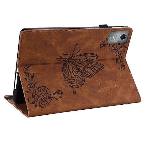 Kompatibelt Fodral för Lenovo Tab K11 Plus Fjäril Blomma Tryck PU Läder Tablet Skydd med Kortfack Brown