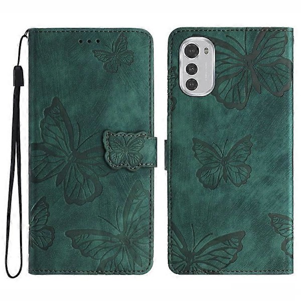 Kompatibel for Motorola Moto E32 4G Sommerfugl Preget Stativ Lærveske Hud-berørings Telefon Lommebok Deksel Green