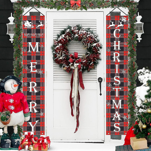 Hyvää joulukoristeet -banneri, joulukuistin kyltti Punainen ruudullinen riippubannerit sisätiloihin ulko-etuoven seinään joulun joulukoristeisiin