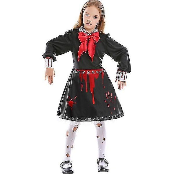 Halloween Läskiga Kostymer Barn Blodig Zombie Spöke Docka Kostym Cosplay För Flickor Gotisk Klänning För 8-10 År