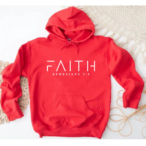 Faith Hoodie Efesierbrevet Bibelvers Huvtröja Kristen Klädsel Kristen Dam Pullover Unisex Trendig Hoodie Red L