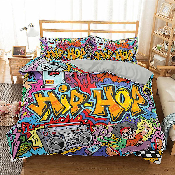 Trendigt sängklädesset med tecknad graffiti, påslakan och örngott i polyester, enkel, king size, dubbel, full, queen size, quiltöverdrag i polyester