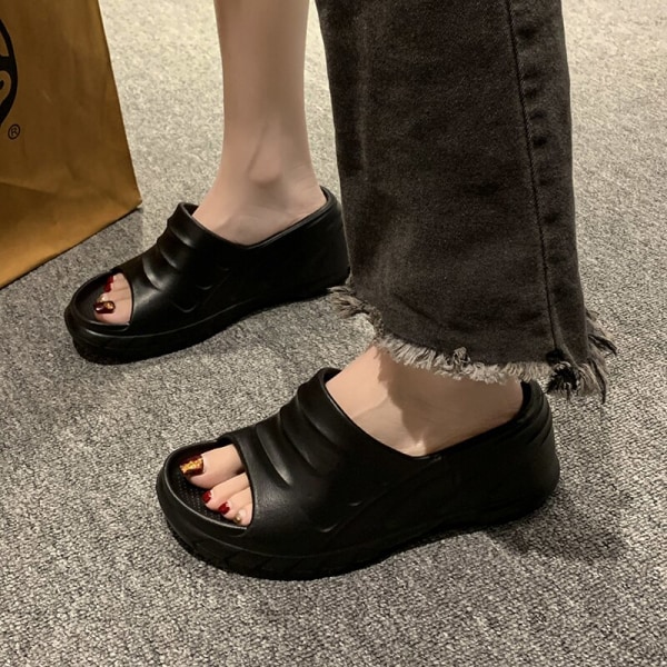 Damtofflor med tjock sula, sommarsandaler för stranden, plattformssandaler med extra höjd black 37