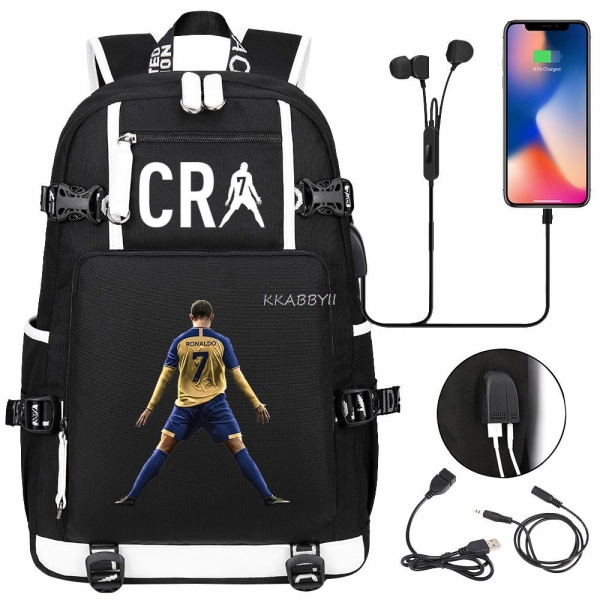 CR7 Tryckt Ryggsäck Pojkar Flickor Skolväska USB Resväska Purple