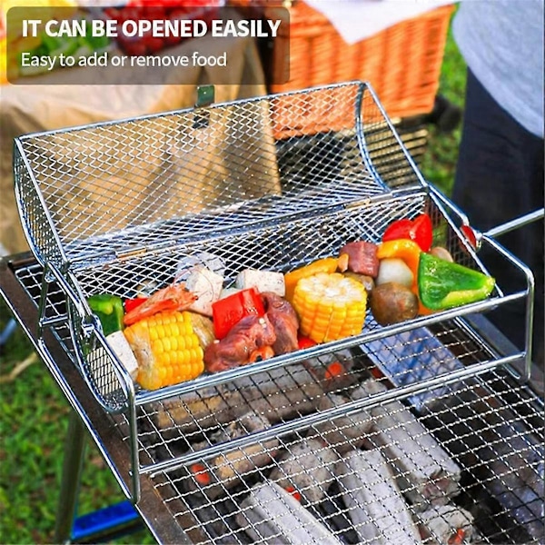 Grillkurv i rustfritt stål for BBQ, rotisserie rullende nettingbur for grilling, grilltilbehør